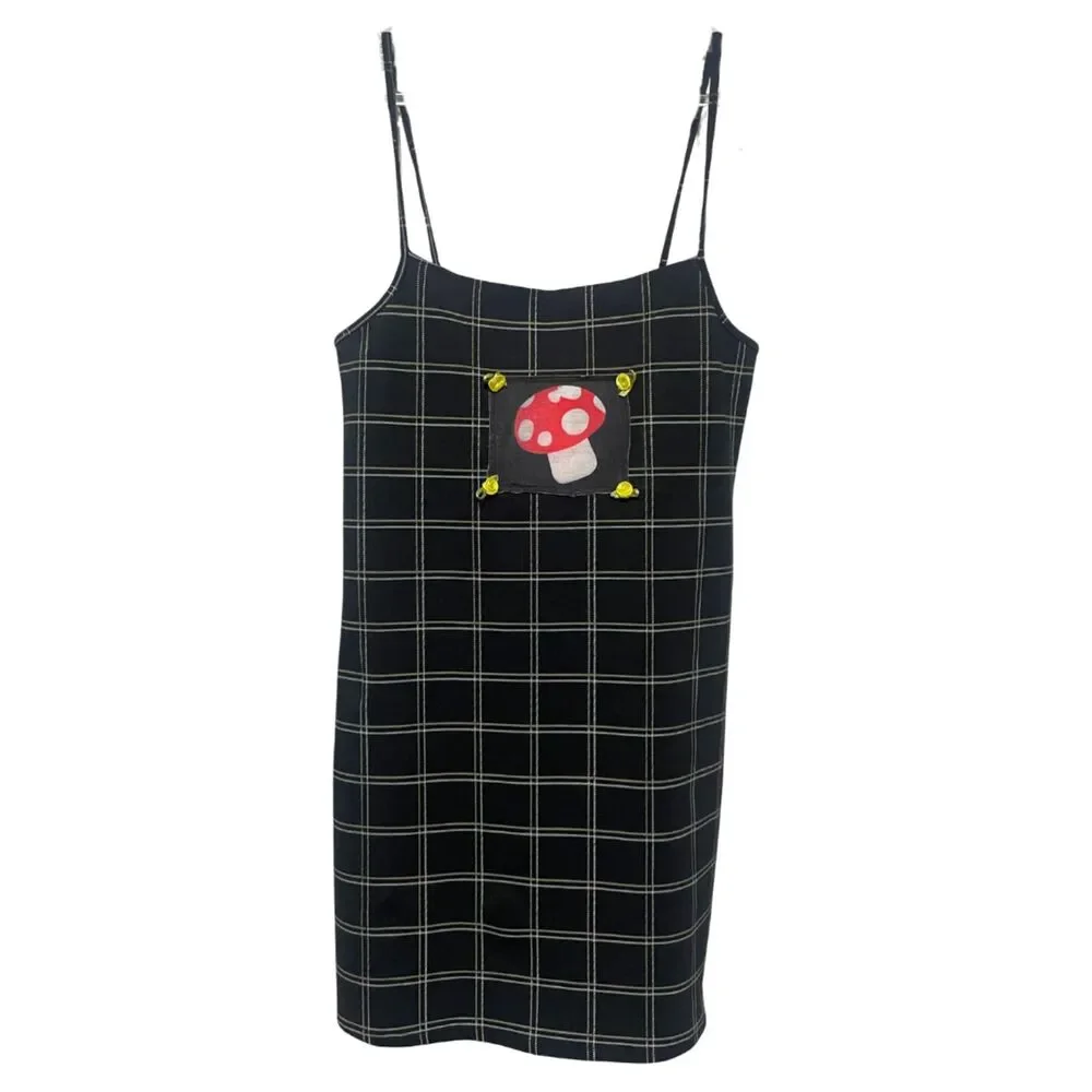Dark Academia Mushroom Plaid Spaghetti Mini Dress